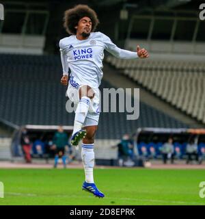 ATHEN, GRIECHENLAND - 29. OKTOBER: Hamza Choudhury aus Leicester City feiert sein eigenes Tor, Zweiter für sein Team während des UEFA Europa League Group G-Etappensiegs zwischen AEK Athen und Leicester City im Athener Olympiastadion am 29. Oktober 2020 in Athen, Griechenland. (Foto nach MB-Medien) Stockfoto