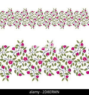 Floraler nahtloser Rand, Zweige mit Blättern und leuchtend magentafarbenen Blüten auf Weiß. Vektor-Illustration, Design für Poster, Banner, Einladung, Buch, Mode Stoff, Verpackung. Stock Vektor