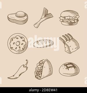 Avocado- und Food-Symbol auf braunem Hintergrund, Handzeichnen, Vektorgrafik Stock Vektor