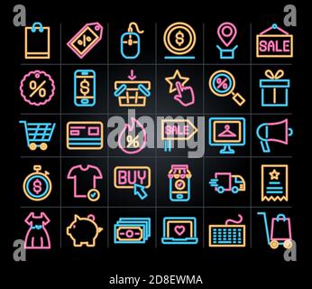 Cyber monday Symbole auf weißem Hintergrund gesetzt, Neon-Stil, Vektor-Illustration Stock Vektor