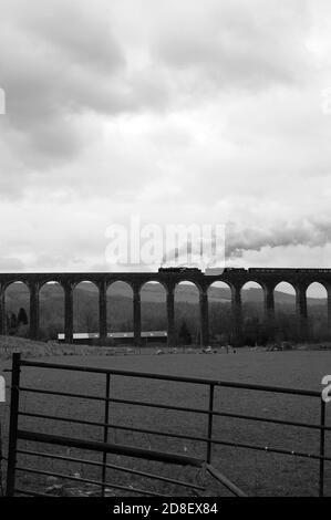 '44871' führt '45407' durch das Viadukt von Cynghordy mit einem Zug in Richtung Norden. Stockfoto