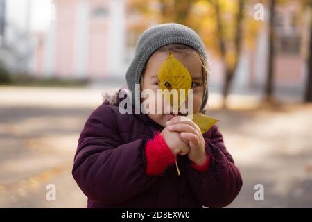 Glückliches Kleinkind Kind spielt mit gelben Blättern im sonnigen Herbst Tag Stockfoto