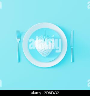 Weiße Erdbeere in Essteller mit Gabel und Messer auf pastellblauem Hintergrund. Gesundes Lifestyle-Konzept 3d Rendering 3d Illustration Stockfoto