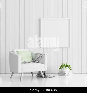 Plakat an weißer Wand. Weiß Wohnzimmer Innenarchitektur mit Sessel und dekorative Pflanze in Vase 3d Rendern 3d-Illustration Stockfoto