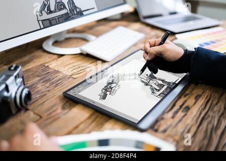 Graphic Artist Designer Zeichnung Skizze Auf Tablet Stockfoto