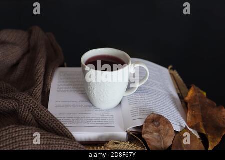 Weiße Tasse Tee auf einem offenen Buch auf dem Schreibtisch mit herbstlich dekorierten Hintergrund und Kopierfläche. Heißgetränk und Herbstsaison Konzept Hintergrund Stockfoto