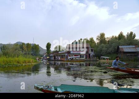 Abendszene von Ladenhäusern und Shikaras (Holzboote) auf dem Dal-See in Srinagar, Kaschmir Stockfoto