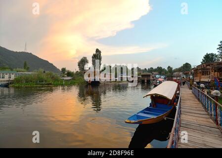 Sonnenuntergang über dem Dal See und Hausboote in Srinagar, Kaschmir Stockfoto