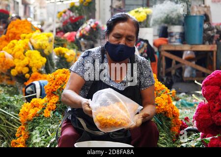 Mexiko-Stadt, Mexiko. Okt. 2020. MEXIKO-STADT, MEXIKO - 29. OKTOBER: Eine Person trägt Gesichtsmaske, während verkauft Cempasuchil Blume im Außenmarkt, anlässlich der mexikanischen Tag der Toten Feiern inmitten der neuen Covid-19 Pandemie am 29. Oktober 2020 in Mexiko-Stadt, Mexiko. Kredit: Leonardo Casas/ Eyepix Gruppe/Der Fotozugang Gutschrift: Der Fotozugang/Alamy Live Nachrichten Stockfoto