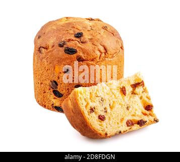 Panettone oder Obst Weihnachtskuchen isoliert auf weißem Hintergrund. Weihnachtsstollen aus nächster Nähe Stockfoto