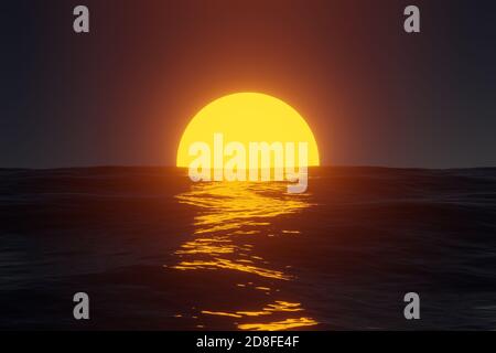 Reflexion der Sonne bei Sonnenaufgang / Sonnenuntergang auf den Wellen des Meeres. 3d-Illustration. Stockfoto