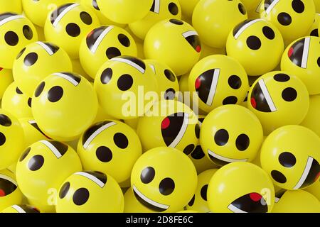 Viele gelbe emoji-Emoticons in 3d. Gesichtsreaktion. 3d-Illustration. Stockfoto