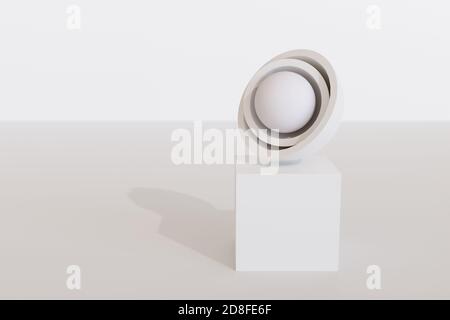 Kugel in zwei halbkugelförmigen Kappen auf einem Würfel mit weißem Hintergrund. Abstrakte Kunst. 3d-Illustration. Stockfoto