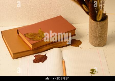 Notizbuch mit einem Lesezeichen aus vierblättrigen Kleeblatt auf dem Hintergrund eines Herbststraußes und Blättern Selektiver Fokus. Stockfoto