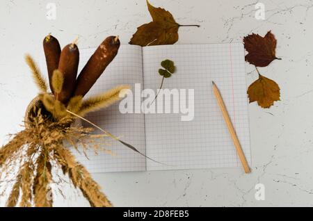 Notizbuch mit einem Lesezeichen aus vierblättrigen Kleeblatt auf dem Hintergrund eines Herbststraußes und Blättern Selektiver Fokus. Stockfoto