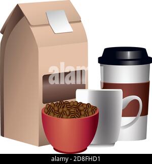 Kaffee Produkt Verpackung Box mit Körnern in Tasse und Kunststoff Container Vektor Illustration Design Stock Vektor