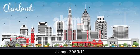 Cleveland Ohio City Skyline mit farbigen Gebäuden und blauem Himmel. Vektorgrafik. Cleveland USA Stadtbild mit Wahrzeichen. Stock Vektor