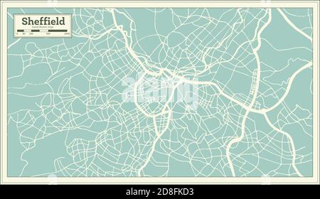 Sheffield Großbritannien (Vereinigtes Königreich) Stadtplan im Retro-Stil. Übersichtskarte. Vektorgrafik. Stock Vektor