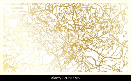 Stadtplan von Leeds England im Retro-Stil in goldenen Farben. Übersichtskarte. Vektorgrafik. Stock Vektor