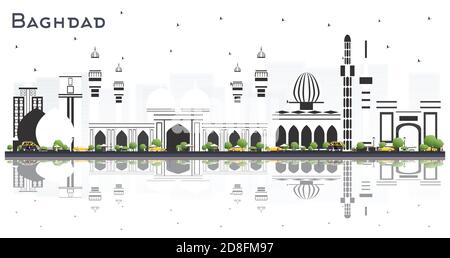 Bagdad Iraq City Skyline mit farbigen Gebäuden und Reflektionen isoliert auf Weiß. Vektorgrafik. Stock Vektor