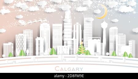 Calgary Canada City Skyline in Paper Cut Style mit Schneeflocken, Mond und Neon Girlande. Vektorgrafik. Weihnachts- und Neujahrskonzept. Stock Vektor