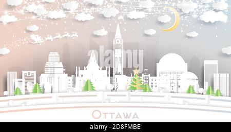 Ottawa Canada City Skyline in Paper Cut Style mit Schneeflocken, Mond und Neon Girlande. Vektorgrafik. Weihnachts- und Neujahrskonzept. Stock Vektor