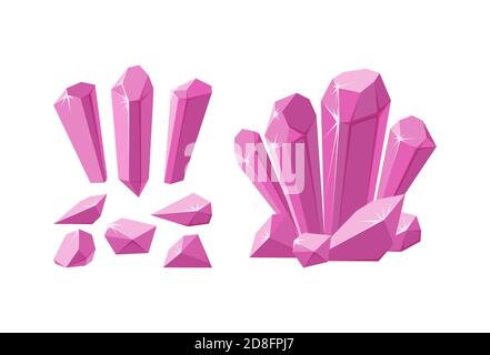 Kristalle und Edelsteine in verschiedenen Formen. Set aus rosa Stalagmiten, Kristallen und Stücke von Rubingestein. Vektorgrafik im Cartoon-Stil Stock Vektor