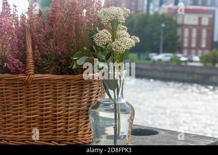 Wildblumen in Weidenkorb und transparente Vase vor dem Hintergrund des Flusses in der Stadt. Schöne Einrichtung. Nahaufnahme, selektiver Fokus, Unschärfe. Stockfoto