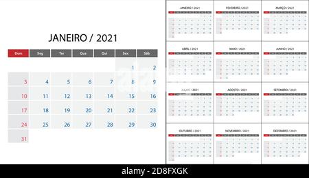 Einfacher Kalender 2021 in portugiesischer Sprache die Woche beginnt am Sonntag. Stock Vektor
