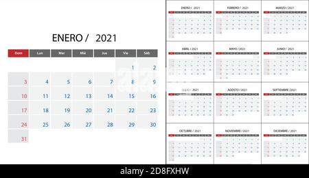 Einfacher Kalender 2021 auf Spanisch Sprachwoche beginnen am Sonntag. Stock Vektor