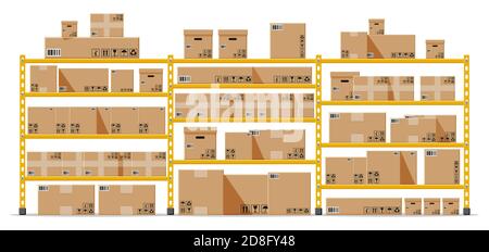 Metallregale mit braunen Kartons. Waren und Container-Paket. Stapel Kartons Set. Lieferverpackung offene und geschlossene Box mit zerbrechlichen Zeichen. Vektorgrafik im flachen Stil Stock Vektor