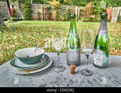 Reste (leere Flaschen Wein, leere Gläser, leere Teller) auf einem Tisch im Garten im Herbst nach einem Essen im Freien am Vorabend. Stockfoto