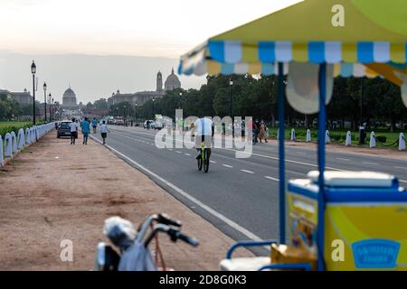 Blick auf die Rashtrapati Bhavan und Central Delhi Bereich von der Rajpath Straße, selektive Fokus. Stockfoto