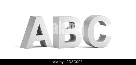 ABC, weiße, fett gedruckte Buchstaben isoliert auf weißem Hintergrund mit weichem Schatten, 3d-Rendering-Illustration Stockfoto