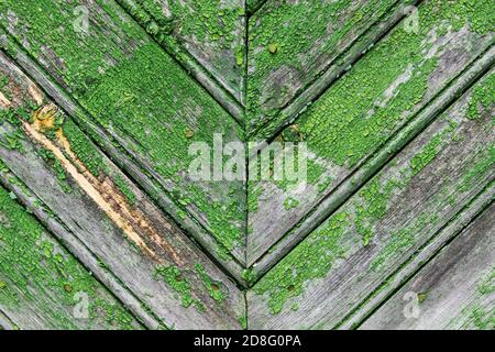 Alte grüne Holzwand mit abblätternder Farbe, Hintergrund Foto Textur Stockfoto