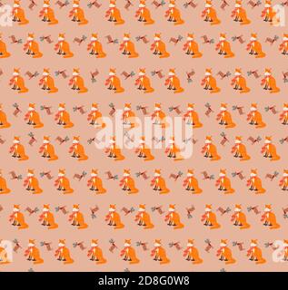 Handgezeichnetes niedliches Weihnachtsmuster mit Hirsch, Füchsen. Cartoon-Stil Muster. Stockfoto