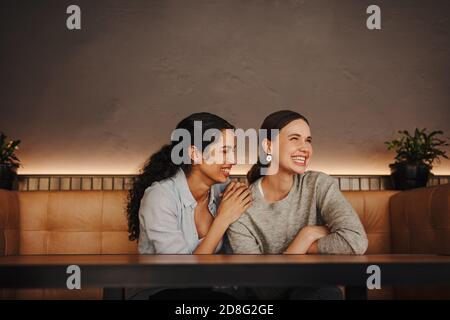 Zwei schöne Frauen sitzen in einem Café miteinander reden und lächeln. Frauen im Gespräch beim Treffen in einem Restaurant. Stockfoto