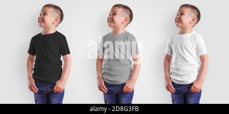 Mockup von weißen, grauen, schwarzen T-Shirt auf einem Jungen, Nahaufnahme, Vorderansicht, für Design-Präsentation.modische Kinder Kleidung Vorlage für die Werbung in einem Stockfoto