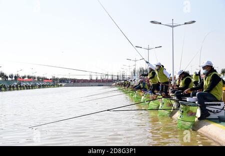 Handan, Handan, China. Oktober 2020. HebeiÃ¯Â¼Å'CHINA-A - die ''2020 Chinese Fishing Competition'' und das erste nationale Fishing Invitational Tournament in Handan, Nordchina Hebei Provinz, 24. Oktober 2018. Die 300 Spieler aus Peking, Tianjin, Innere Mongolei, Liaoning, Anhui, Hubei, Shandong, Shanxi, Henan, Hebei und anderen Orten nahmen am Wettbewerb Teil. Die Spieler genossen den Spaß des Fischens im Wettbewerb mit Freunden. Quelle: SIPA Asia/ZUMA Wire/Alamy Live News Stockfoto