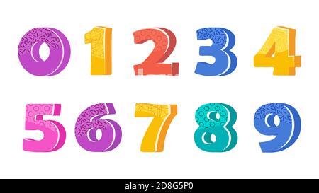 Helle lustige Baby-Zahlen mit Texturen und Mustern. Stock Vektor