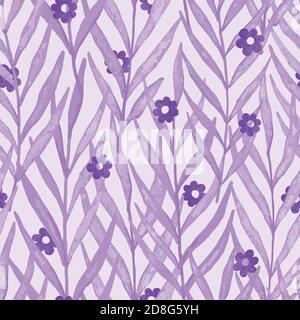 Lila Aquarell Blätter mit Blumen nahtlose Muster. Vektormuster Illustration für Oberflächengestaltung, Druck, Poster, Symbol, Web, grafische Designs. Stock Vektor