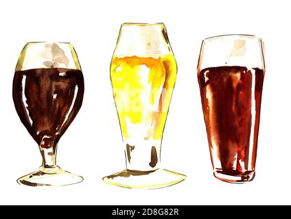 Gläser mit verschiedenen Biersorten, Aquarellzeichnung Stockfoto