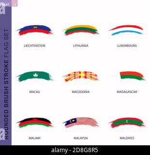 Abgerundeter Grunge Pinselstrich Fahnensatz, Flaggen von Liechtenstein, Litauen, Luxemburg, Macau, Mazedonien, Madagaskar, Malawi, Malaysia, Malediven Stock Vektor