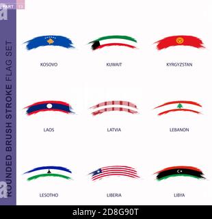 Abgerundeter Grunge Pinselstrich Fahnensatz, Flaggen von Kosovo, Kuwait, Kirgisistan, Laos, Lettland, Libanon, Lesotho, Liberia, Libyen Stock Vektor