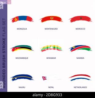 Abgerundeter Grunge Pinselstrich Fahnensatz, Flaggen der Mongolei, Montenegro, Marokko, Mosambik, Myanmar, Namibia, Nauru, Nepal, Niederlande Stock Vektor