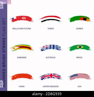 Abgerundete Grunge Pinselstrich Fahnensatz, Flaggen von Australien, Brasilien, China, Großbritannien, USA, Wallis und Futuna, Jemen, Sambia, Simbabwe Stock Vektor