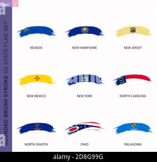 Abgerundeter Grunge Pinselstrich US-Staaten Fahnensatz, Staatsflaggen von Nevada, New Hampshire, New Jersey, New Mexico, New York, North Carolina, North Dakota, Stock Vektor