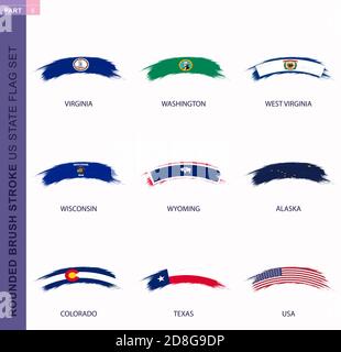 Abgerundeter Grunge Pinselstrich US-Staaten Fahnensatz, Staatsflaggen von Virginia, Washington, West Virginia, Wisconsin, Wyoming, Alaska, Colorado, Texas, USA Stock Vektor