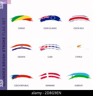 Abgerundeter Grunge Pinselstrich Fahnensatz, Flaggen von Kongo, Cookinseln, Costa Rica, Kroatien, Kuba, Zypern, Tschechische Republik, Dänemark, Dschibuti Stock Vektor