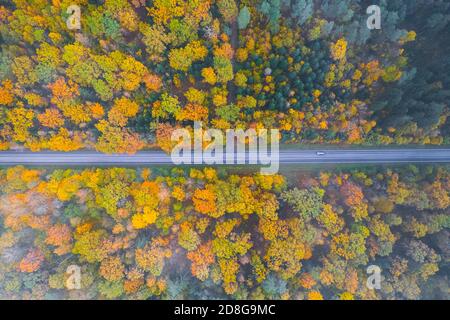 Luftaufnahme der Straße vorbei am Wald mit einem Vorbeifahrende Autos Stockfoto